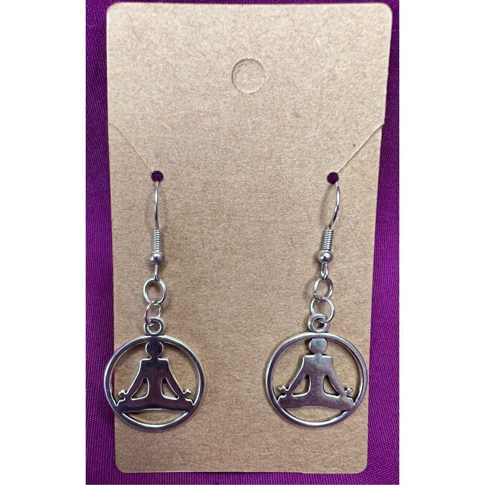 Handmade Silver Dangly Yoga Meditation Lotus Pose Earrings